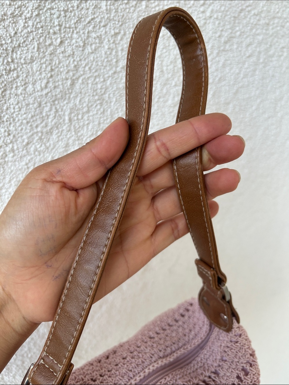 Blush Crochet Shoulder Bag with Brown Strap - Picture 7 of 8